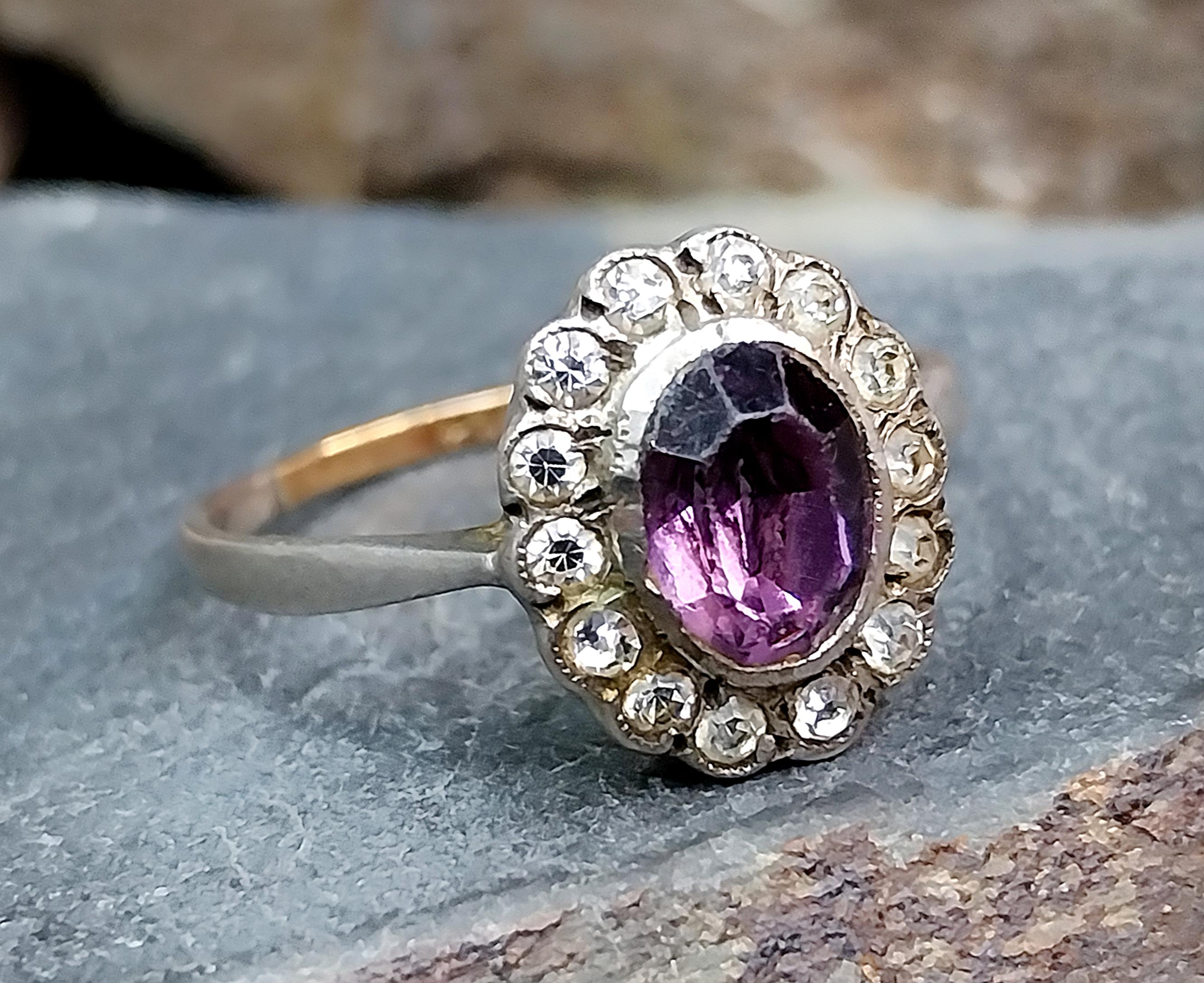 Vintage 9ct Gold & Silver Amethyst Ring - Art Deco with paste stones - Size uk U (us 10) - 2.6g