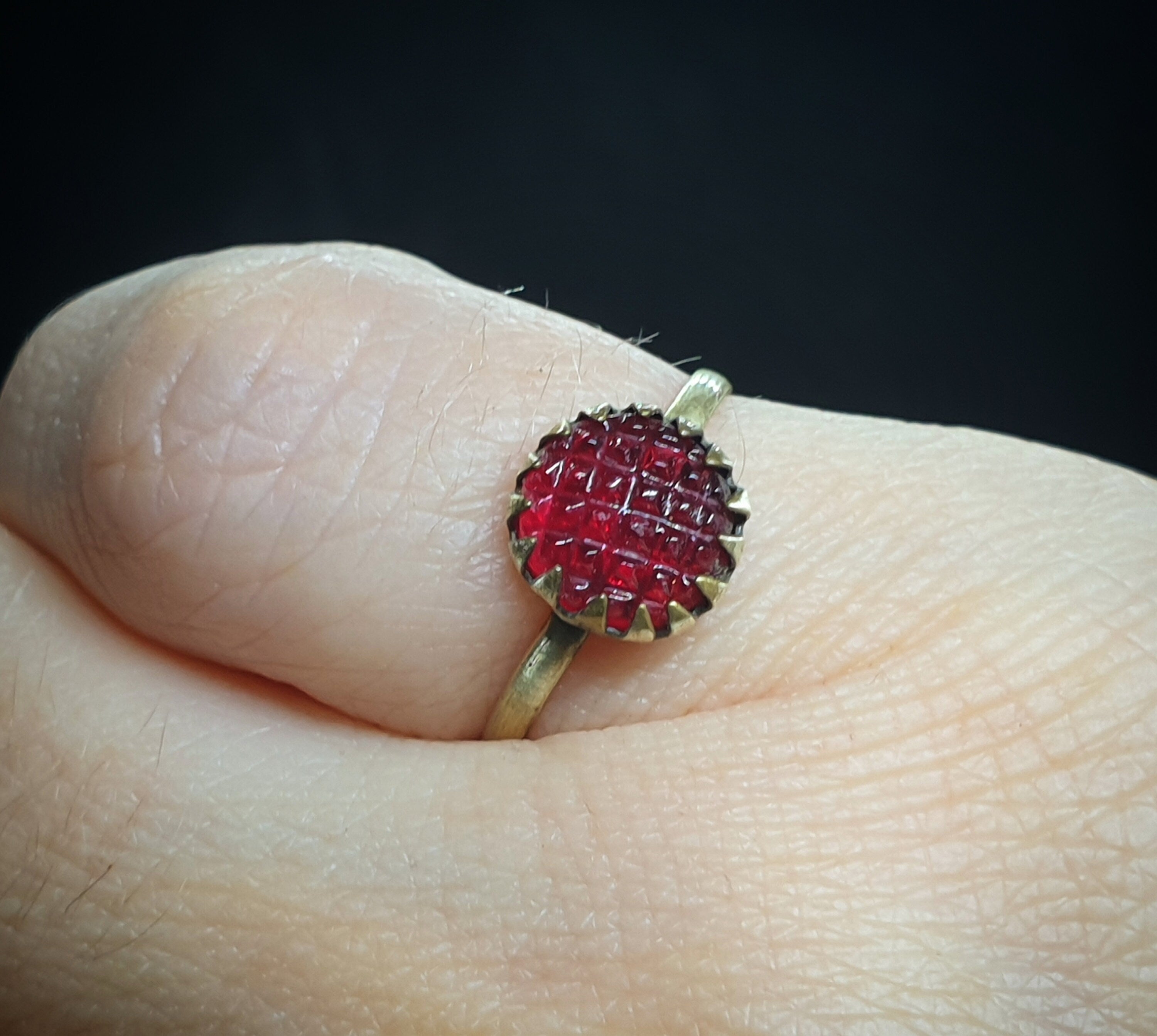 Antique Cranberry Glass Gilt RING - Small Size uk H (us 4)