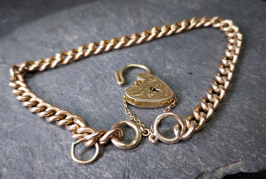 Georg Jensen 9ct Rose GOLD Bracelet & Engraved Heart Padlock Clasp c1966 - 19.4g