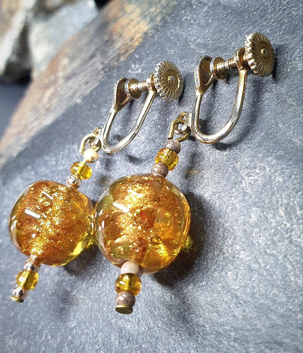 Antique EARRINGS Amber Murano Style Dangly - Screw Backs - 6.3g