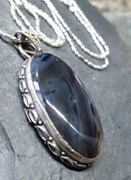 Large Sterling Silver Moss / Mottled Agate Necklace Pendant on 20" Chain - 16.4g