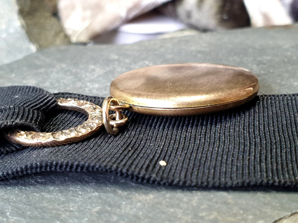 Antique Watch Ribbon with Large Round Photo locket fob - gilt pinchbeck  - 17.9g