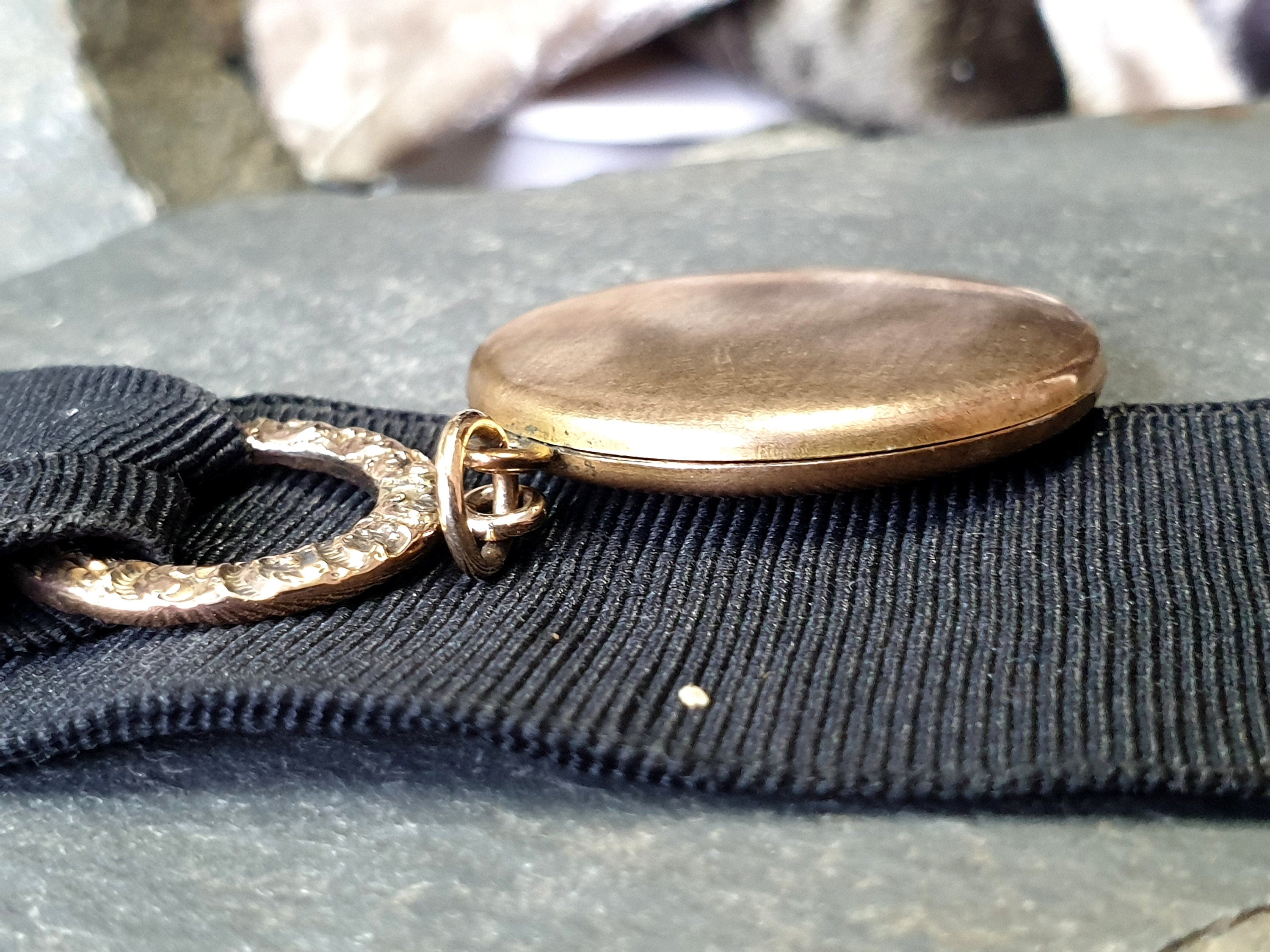 Antique Watch Ribbon with Large Round Photo locket fob - gilt pinchbeck  - 17.9g