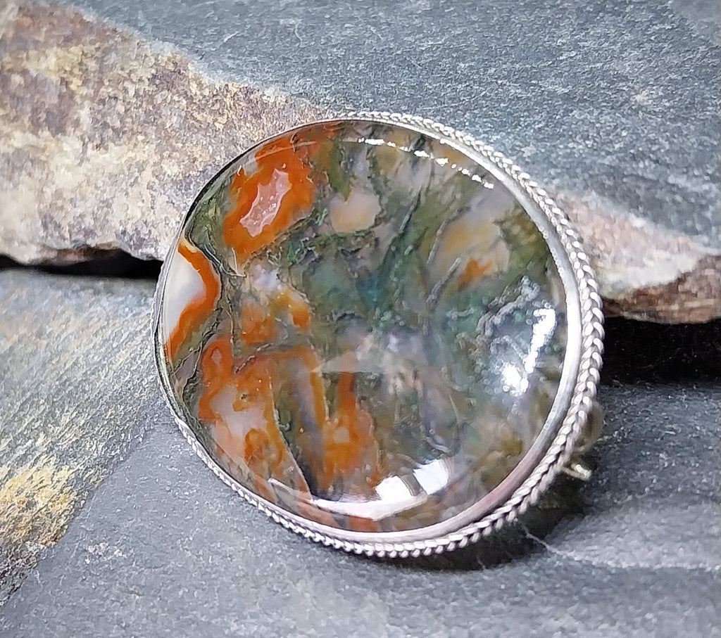 Vintage Sterling Silver Moss Agate Brooch - Vibrant Dendritic Gemstone  - 6.7g