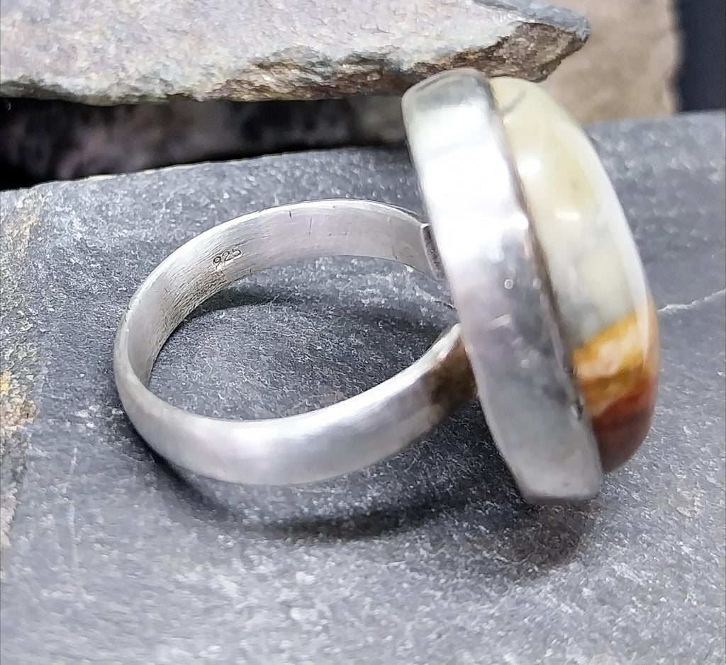 Sterling Silver Mottled MOSS AGATE RING - uk size S (us 9) - 13.1g