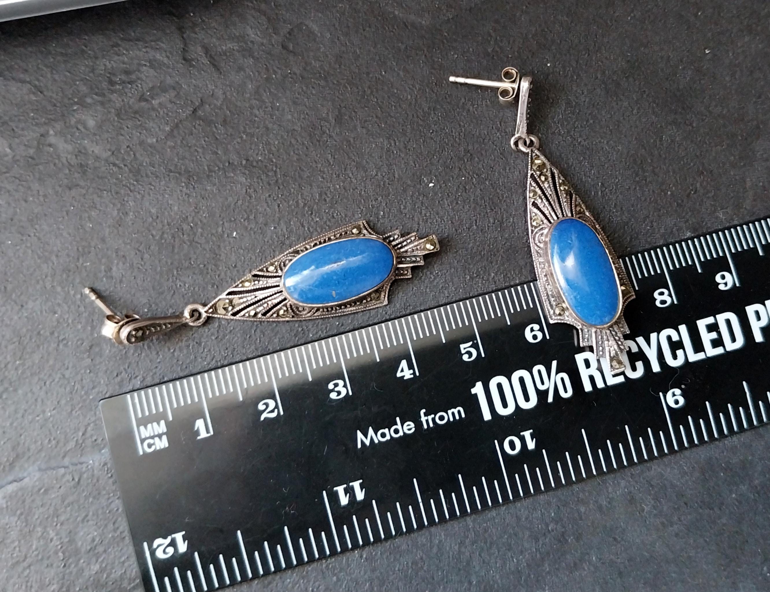 Sterling Silver Art Deco EARRINGS Blue Gemstone & Marcasite - 5.9g