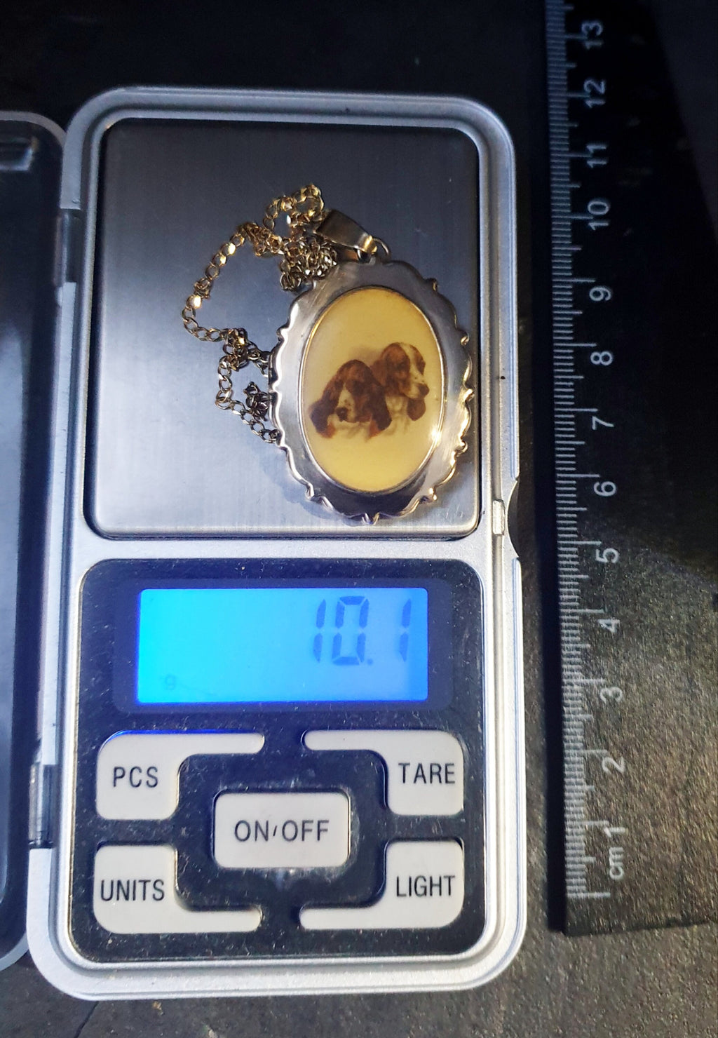 Large 9ct GOLD OVAL LOCKET Necklace - Basset Hound Dog Portrait on 18" chain - 10.1g