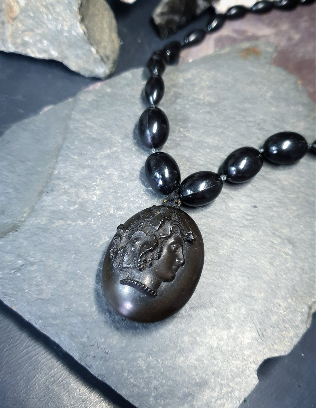 Victorian BOG OAK LOCKET and Bead Necklace with Bacchante Cameo carving