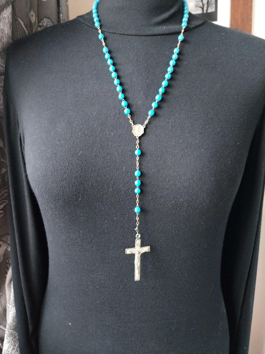 Vintage French BLUE ROSARY Beads, Old Prayer Beads and crucifix - 24" - 23g
