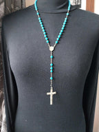 Vintage French BLUE ROSARY Beads, Old Prayer Beads and crucifix - 24" - 23g