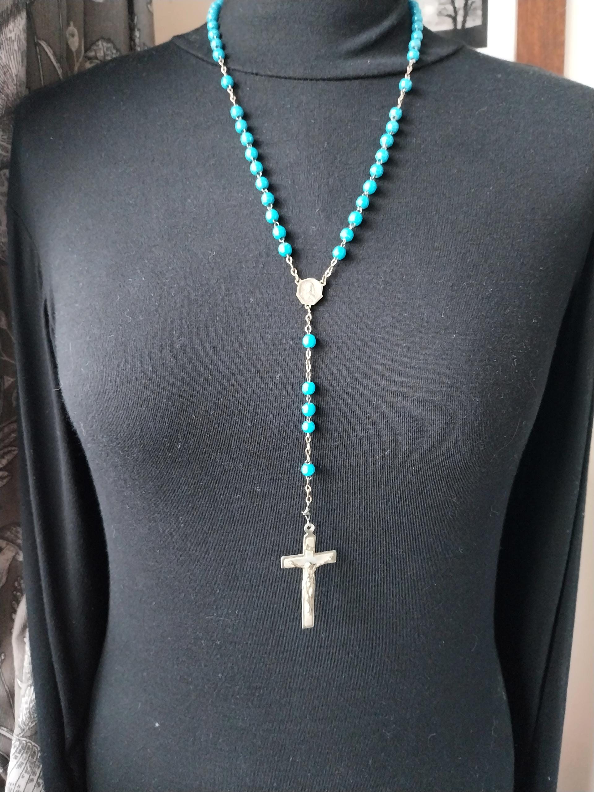 Vintage French BLUE ROSARY Beads, Old Prayer Beads and crucifix - 24" - 23g