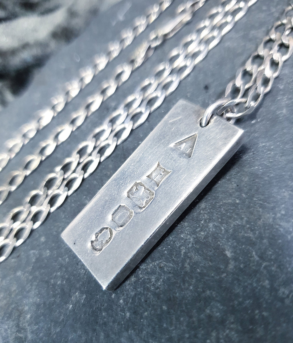 Heavy Silver INGOT PENDANT 1977 on Curb Chain Necklace - 24" Long Fully Hallmarked - 26g