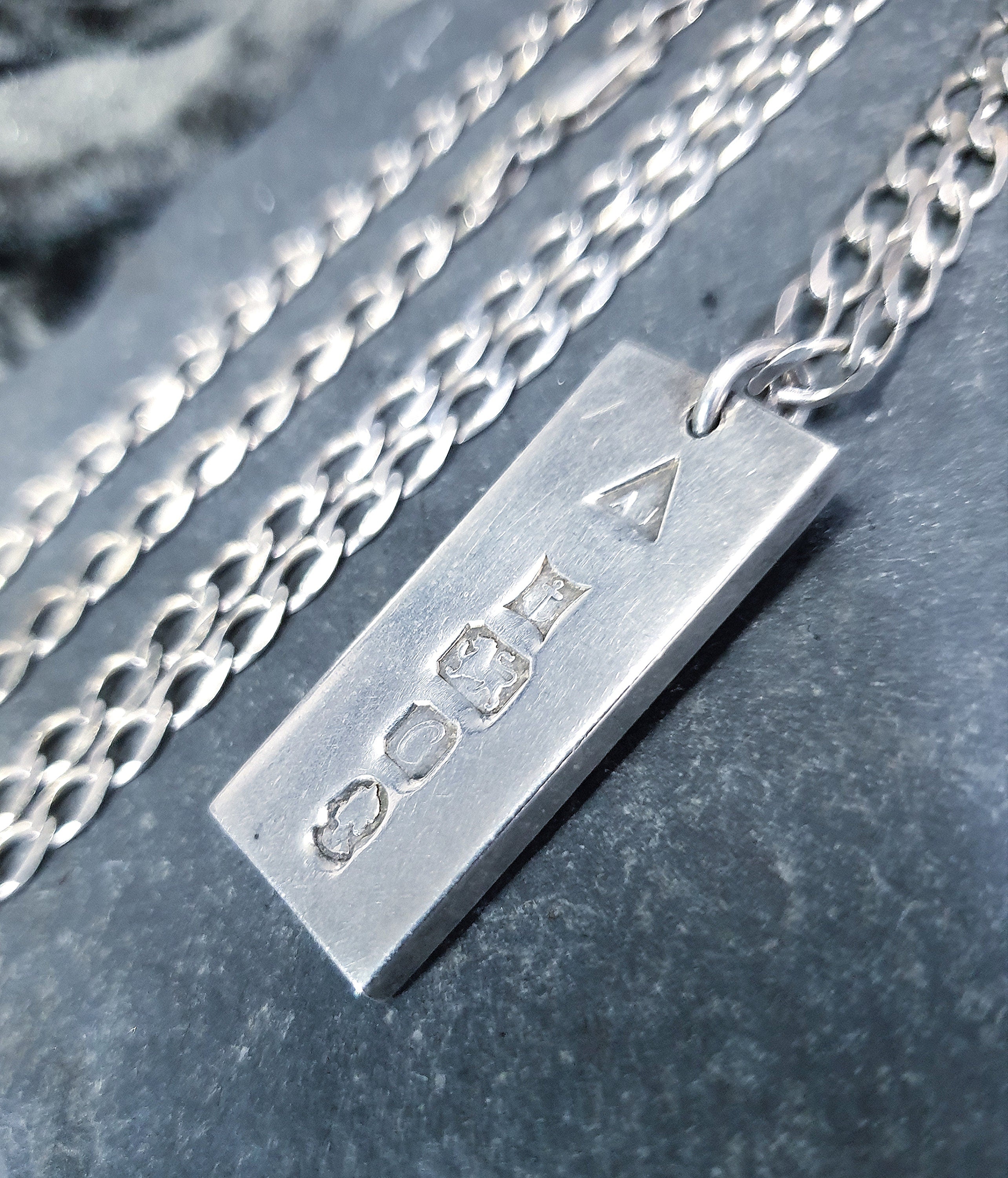 Heavy Silver INGOT PENDANT 1977 on Curb Chain Necklace - 24" Long Fully Hallmarked - 26g