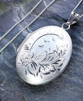 Large Vintage SILVER Puffy OVAL LOCKET - with Rose on 20" Chain - 12.1g