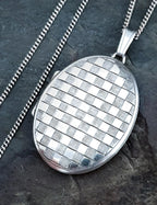 Large Oval SILVER LOCKET with Checker Board design on 18" Chain - 7.8g