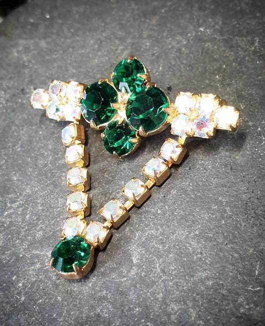 Vintage SHAMROCK Four Leaf Clover Brooch -  with Aurora Borealis & Green Stones