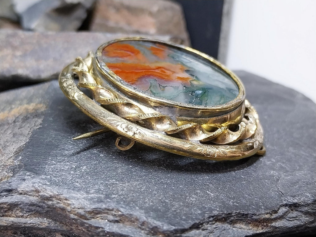 Victorian SWIVEL LOCKET BROOCH with Moss Agate - Big Size - 32.2g