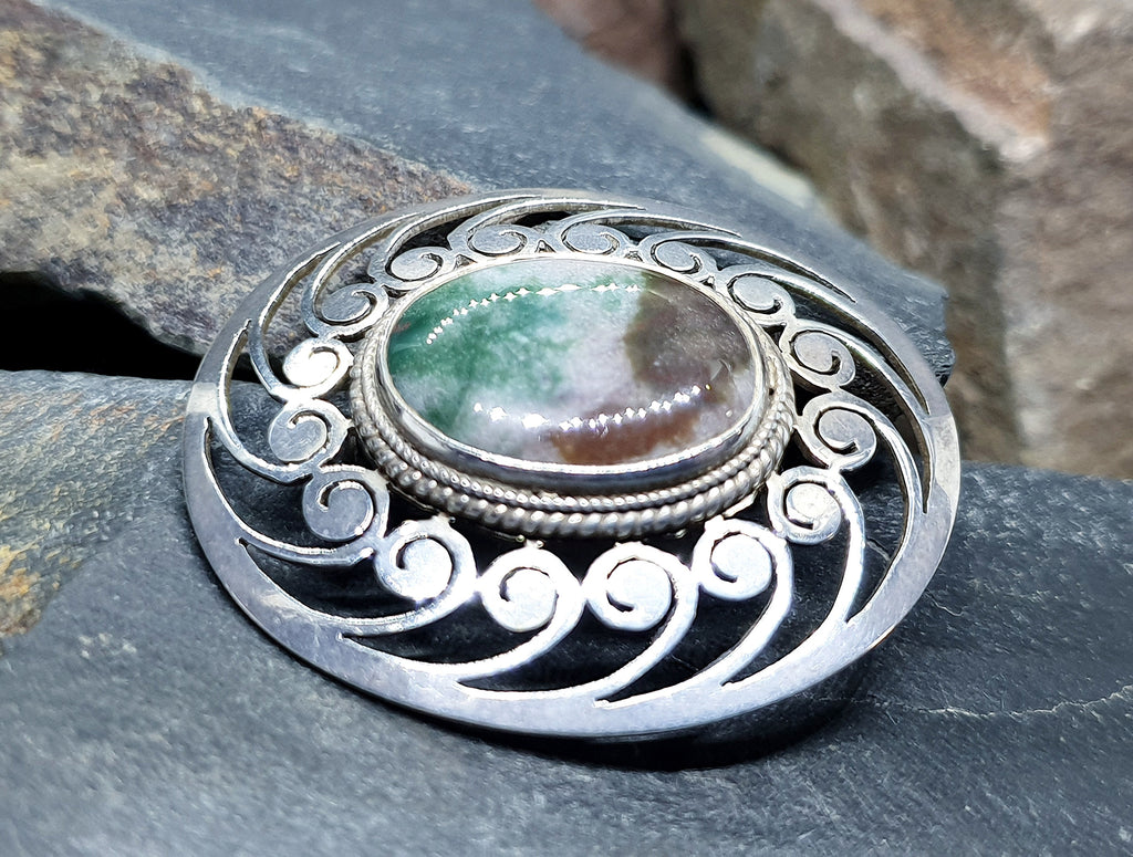 Large Sterling Silver Moss Agate Silver Brooch - 11.1g