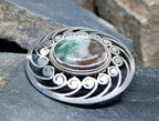 Large Sterling Silver Moss Agate Silver Brooch - 11.1g
