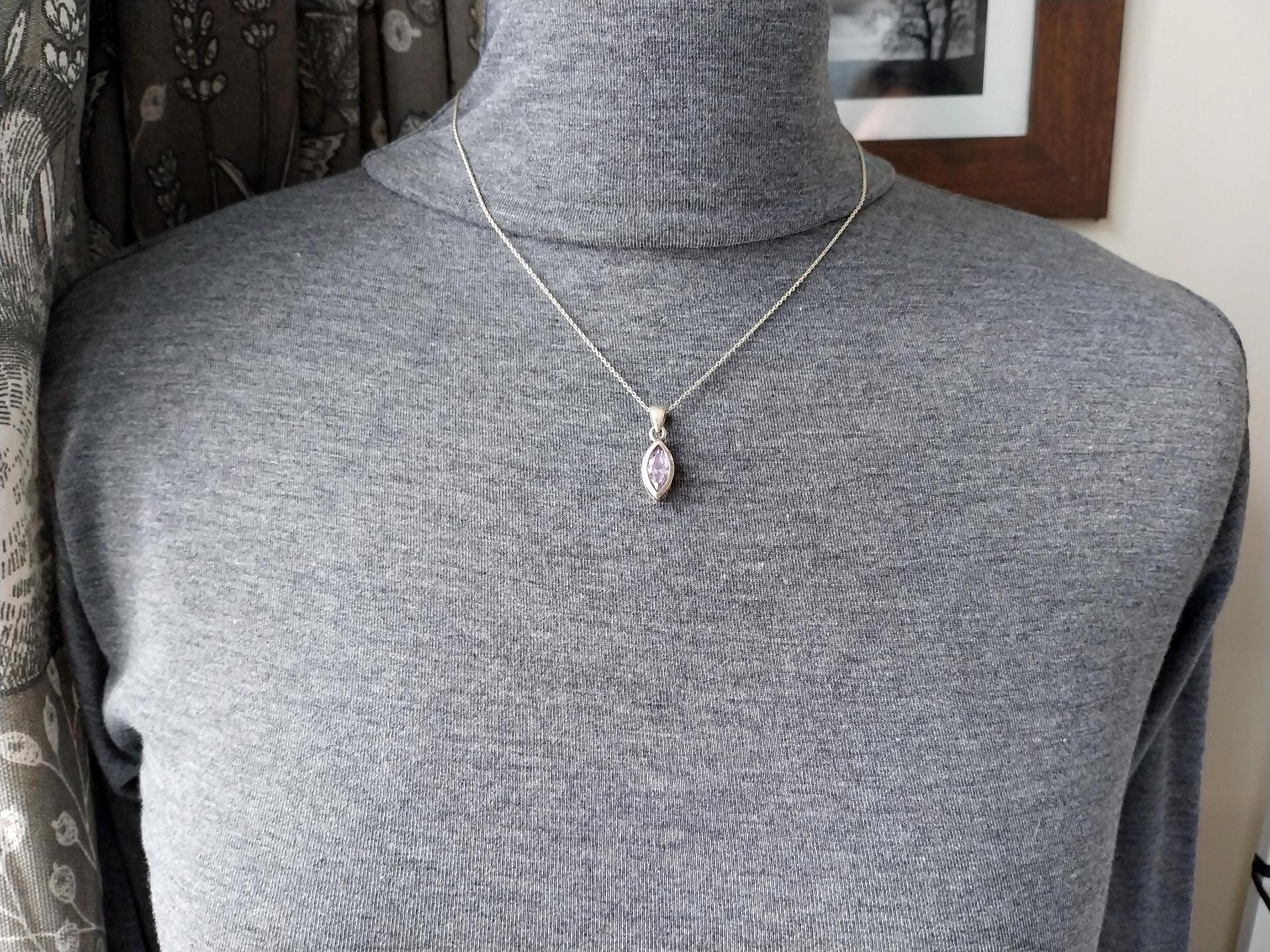 Sterling Silver Amethyst Drop Pendant Necklace  on 18" Chain - 3.5g