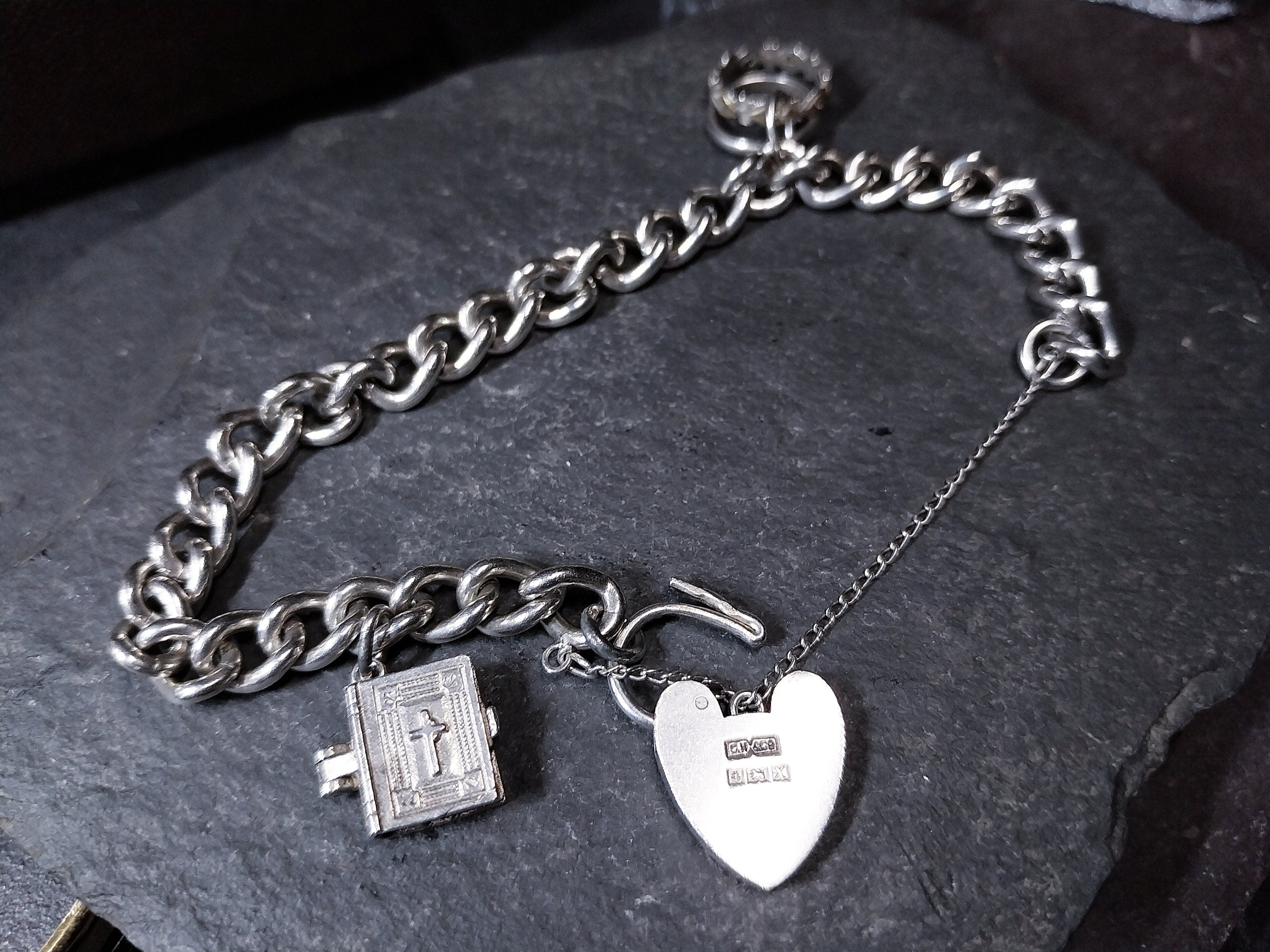 Vintage Silver CHARM BRACELET with Bible and Rings Charms with heart padlock clasp - 27.4g