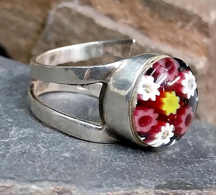 Sterling SILVER CAITHNESS Glass Ring - Millefiori adjustable size - 7.6g