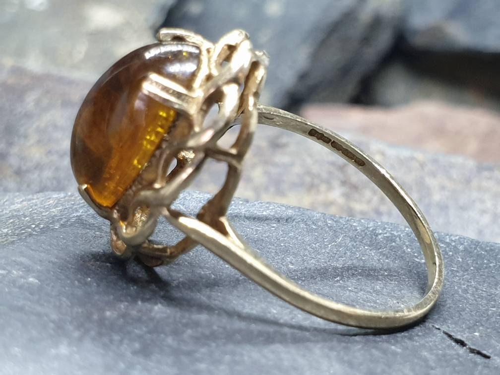 Vintage 9ct GOLD FIRE AMBER Ring - Size uk Q (us 8) - 2.5g