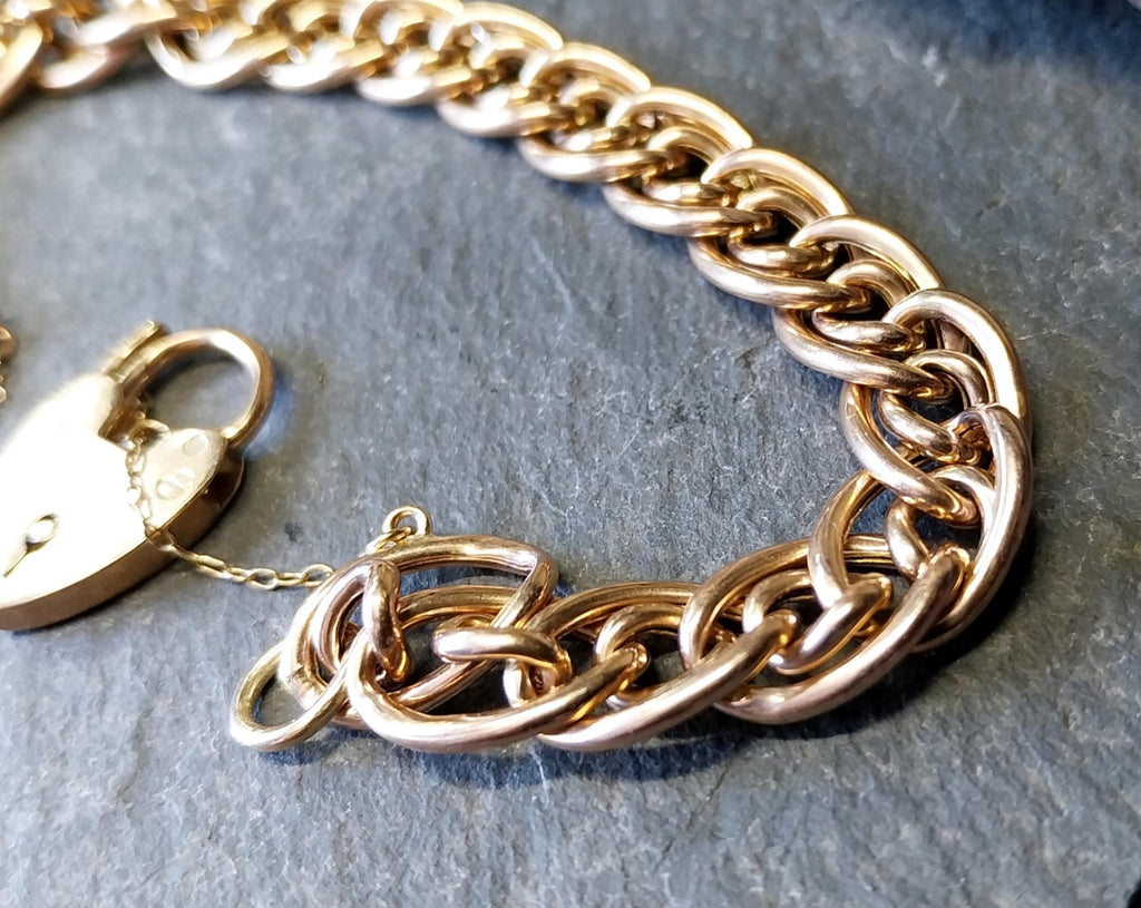 Antique 9ct Rose GOLD MULTI-LINK Bracelet & Heart Padlock Clasp - 13.4g