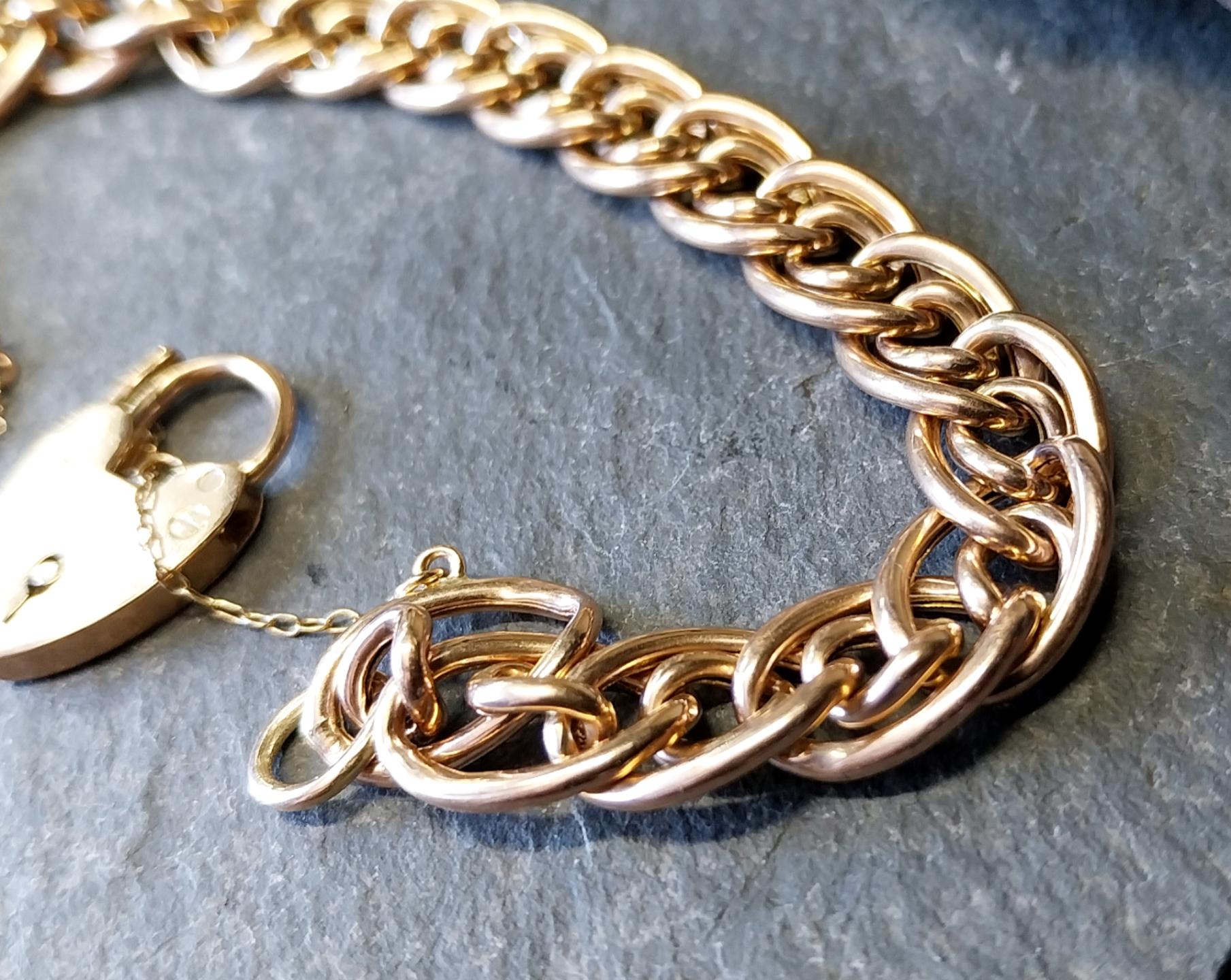 Antique 9ct Rose GOLD MULTI-LINK Bracelet & Heart Padlock Clasp - 13.4g