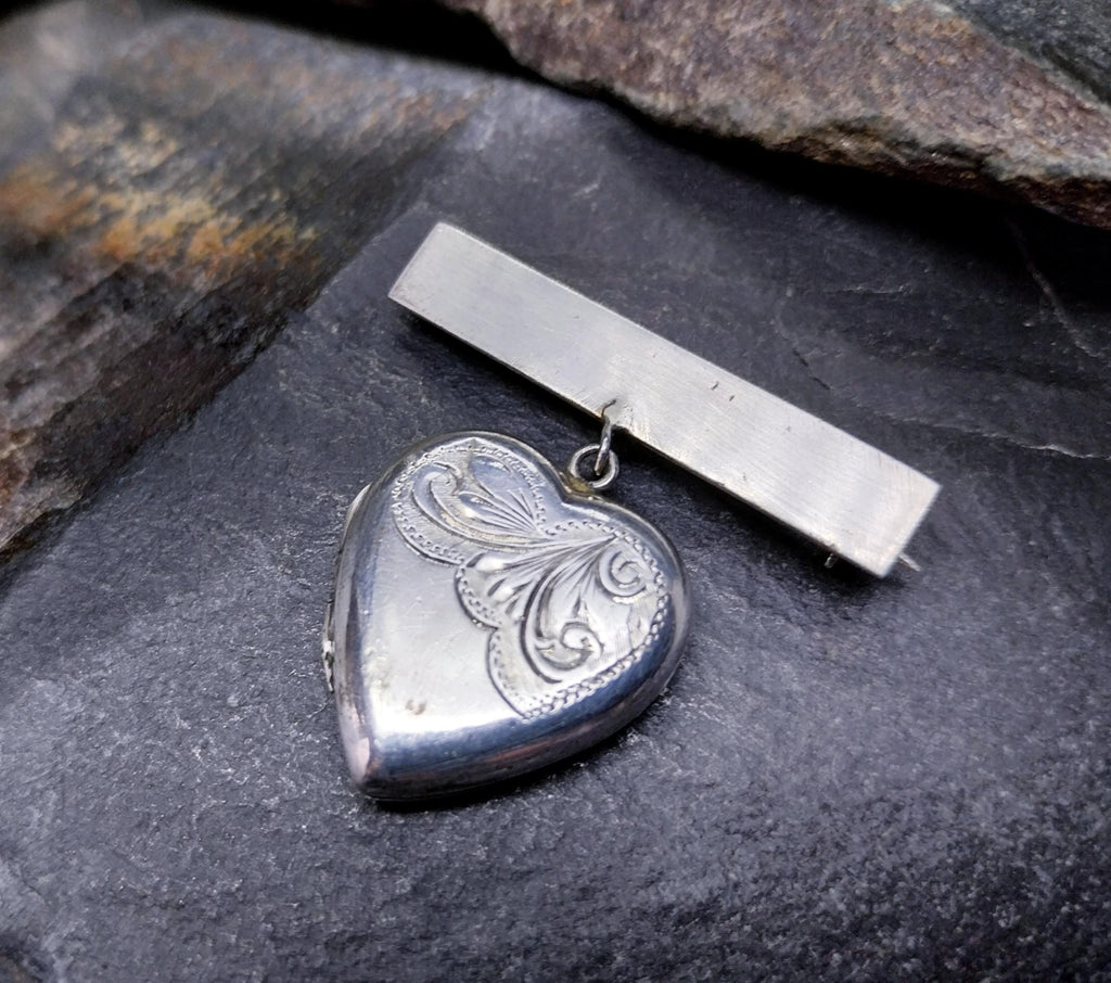 Antique Locket Brooch, Sweetheart Pin, Sterling Silver - 7g