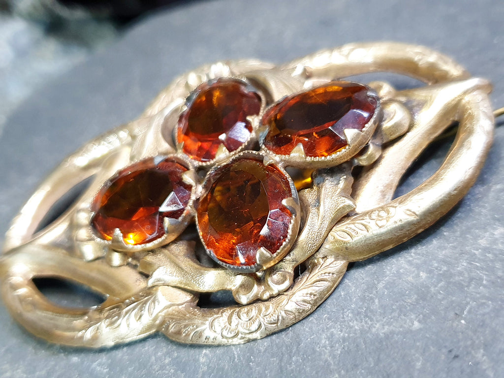 Large Antique VICTORIAN Lovers Knot BROOCH - Brandy Citrine Gemstones 16.7g