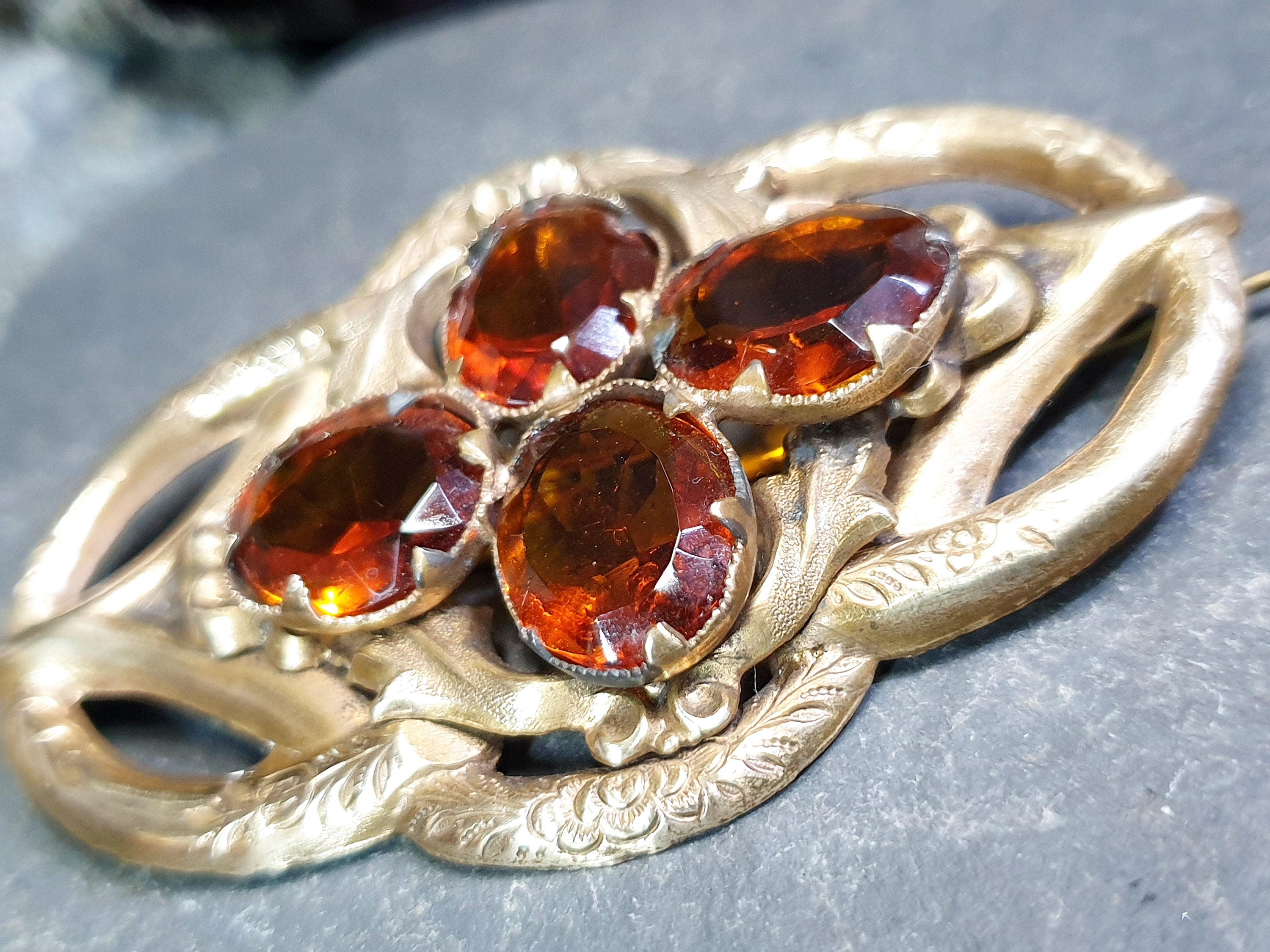 Large Antique VICTORIAN Lovers Knot BROOCH - Brandy Citrine Gemstones 16.7g