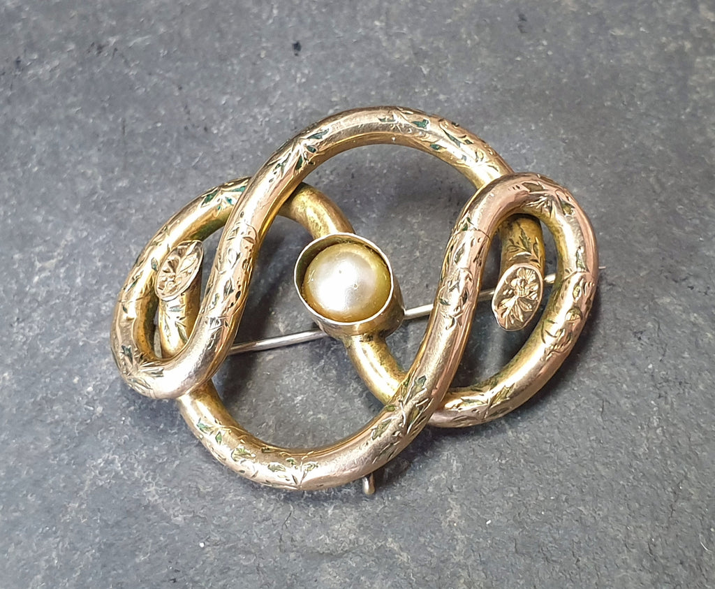 Antique 9ct Rolled Gold Infinity Lovers Knot with Pearl  - 6.6g