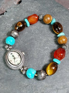 Vintage Sterling Silver WATCH - with Gemstone Bracelet Strap elasticated - 28.6g
