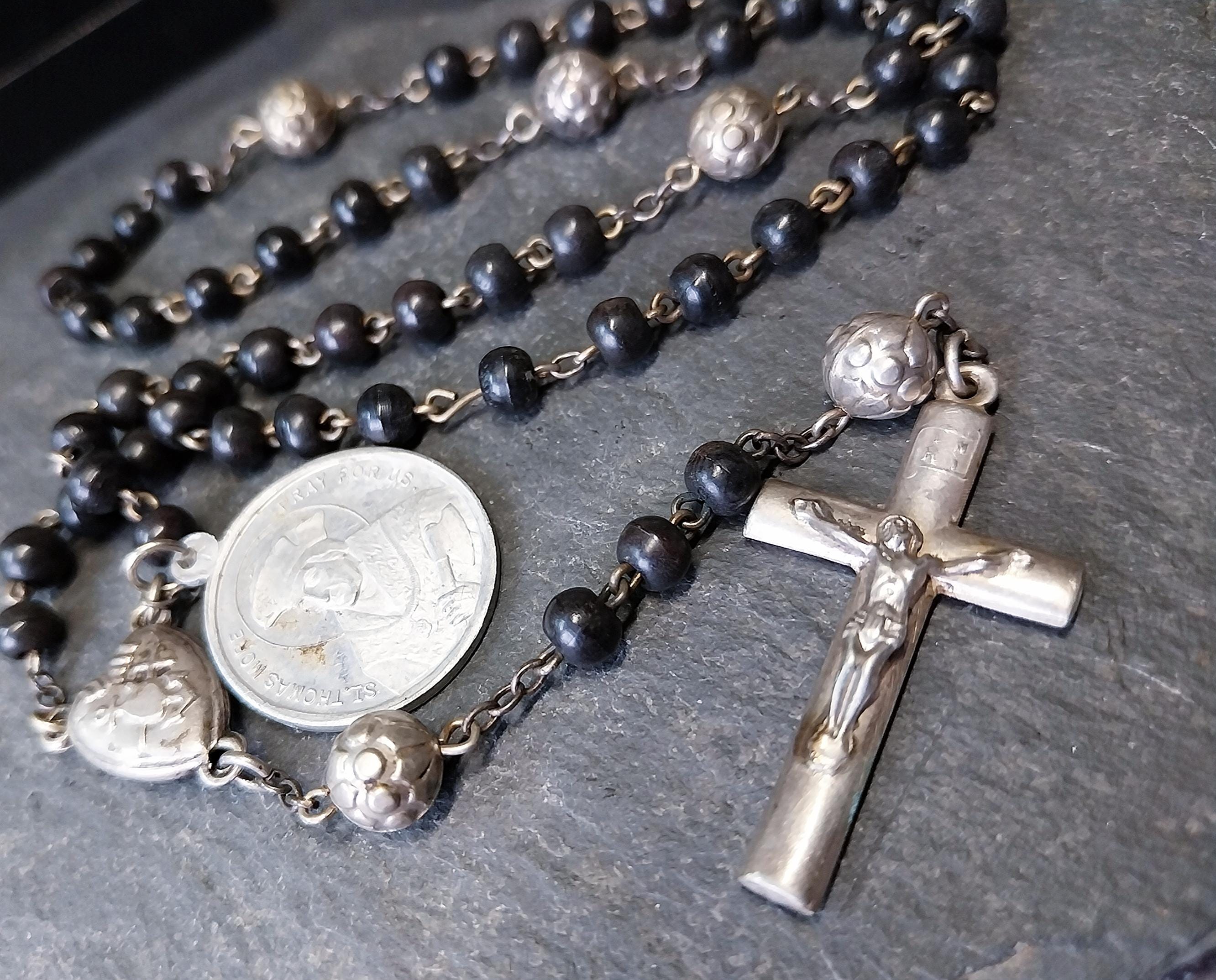 Vintage Small BLACK ROSARY BEADS with Crucifix - Short 14" - 13g