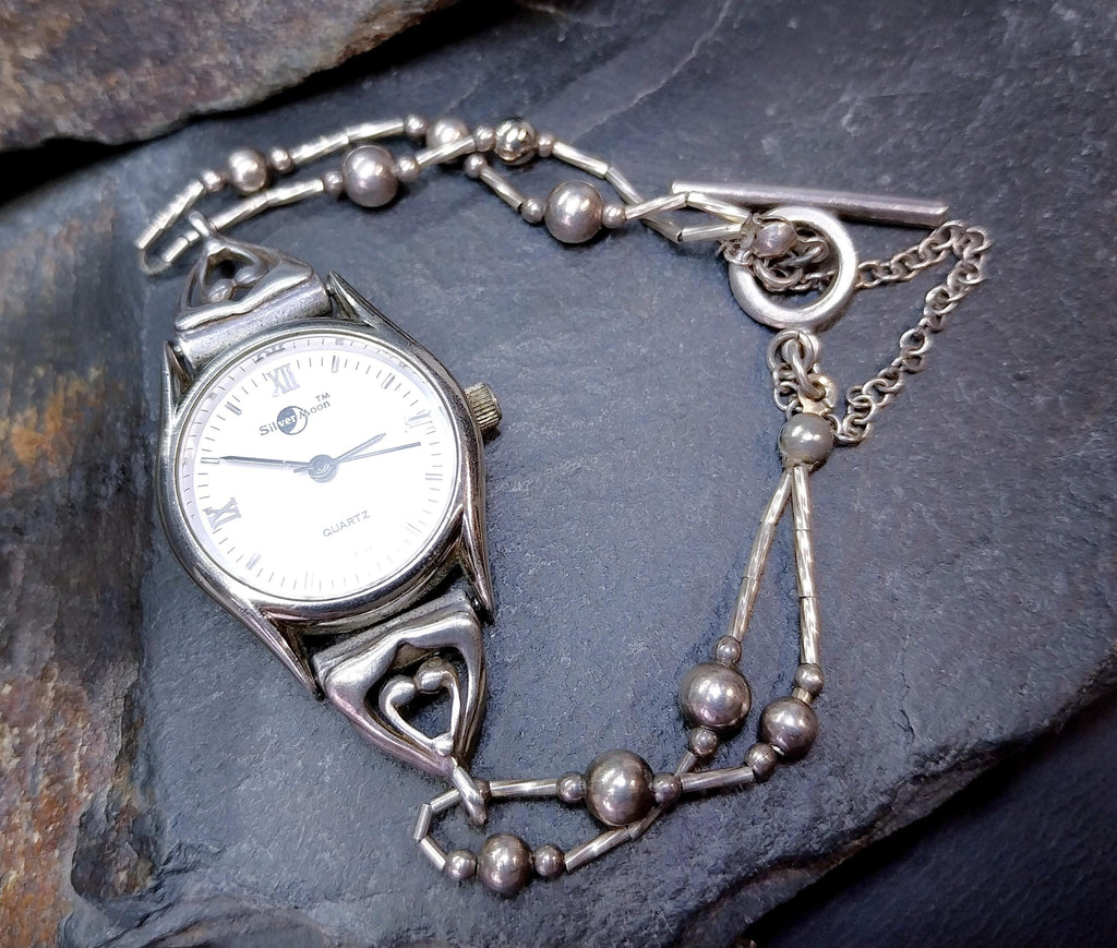 Vintage Sterling Silver Silver Moon WATCH - Bead Link bracelet Strap 18cm - 17.7g