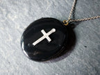VICTORIAN Black Enamel LOCKET with Silver Cross - on 20" Chain - 15.5g