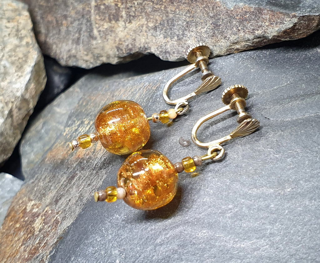 Antique EARRINGS Amber Murano Style Dangly - Screw Backs - 6.3g