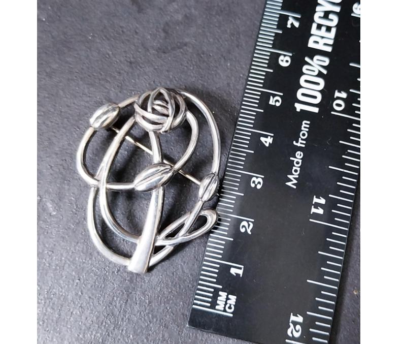 Large Sterling Silver Mackintosh Rose and Cecily Leaf Art Nouveau Brooch - 9g