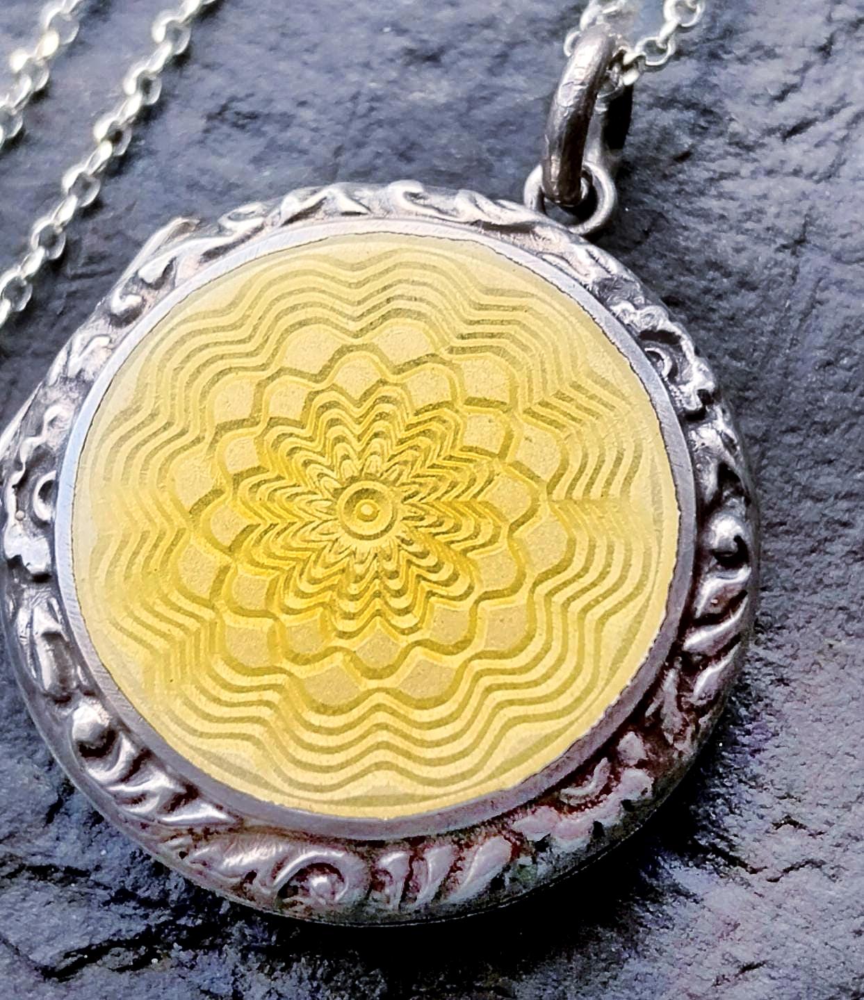 Sunflower Yellow Enamel Guilloché Locket Sterling Silver & 18" chain - 9.8g