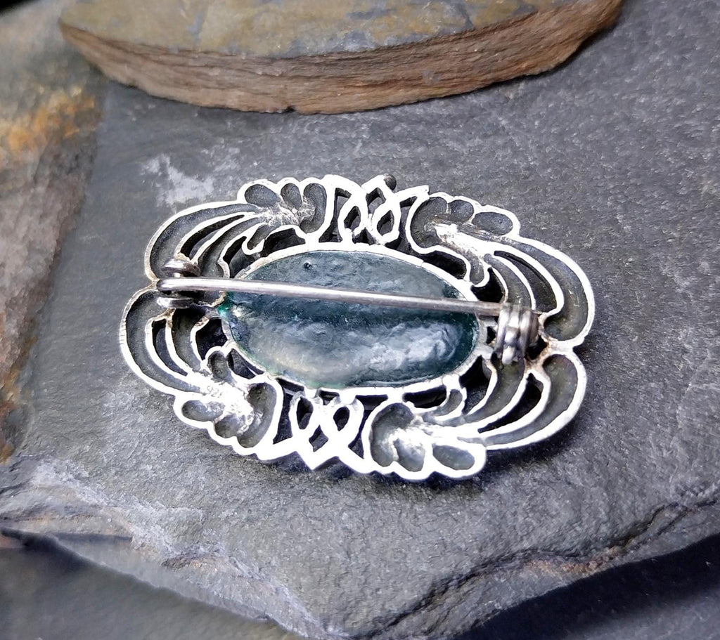 Vintage Celtic SILVER Brooch - with Green Agate - Malachite - 10.6g