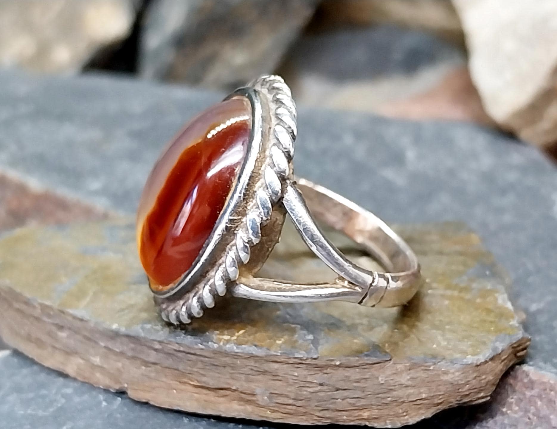 Vintage SILVER Jasper Flame AGATE Ring - Size uk R (us 8.5) - 7.8g
