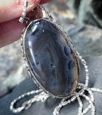 Large Sterling Silver Moss / Mottled Agate Necklace Pendant on 20" Chain - 16.4g