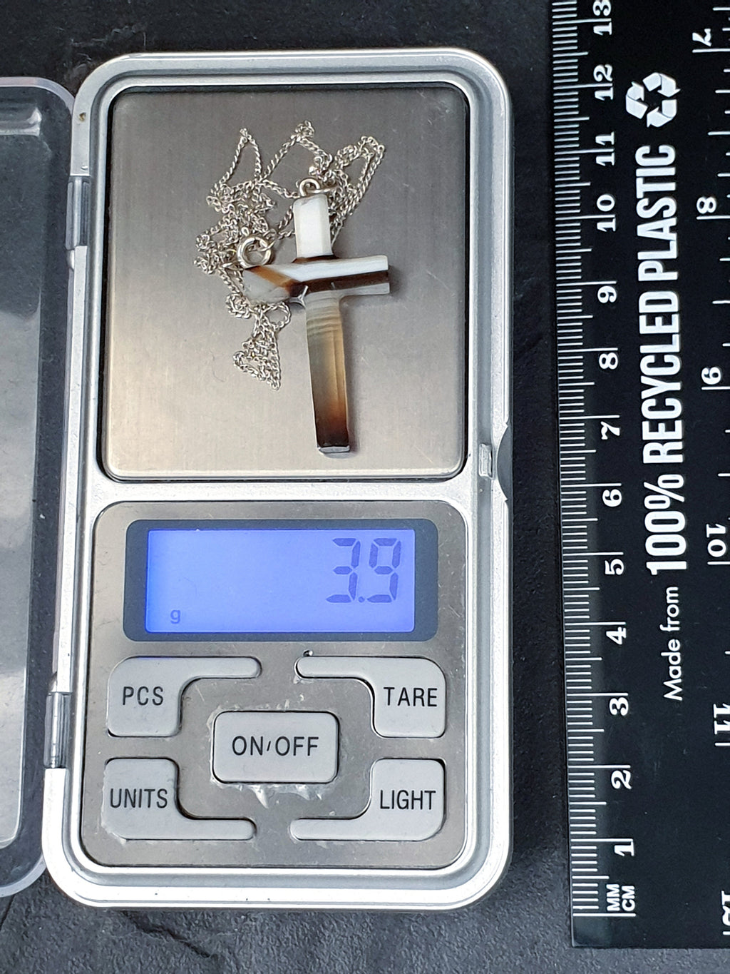 Victorian Antique Banded Agate Cross on 18" Sterling Silver Chain - 3.9g