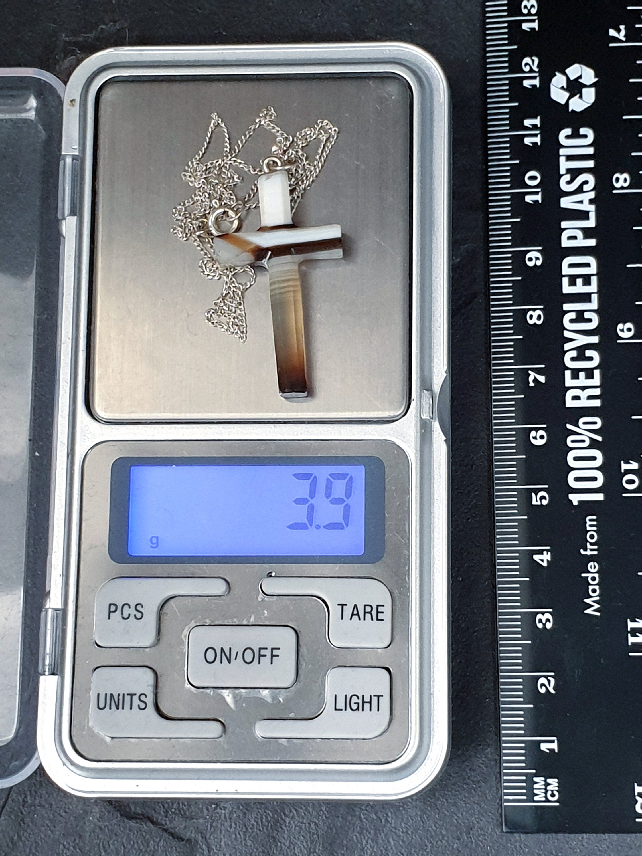Victorian Antique Banded Agate Cross on 18" Sterling Silver Chain - 3.9g