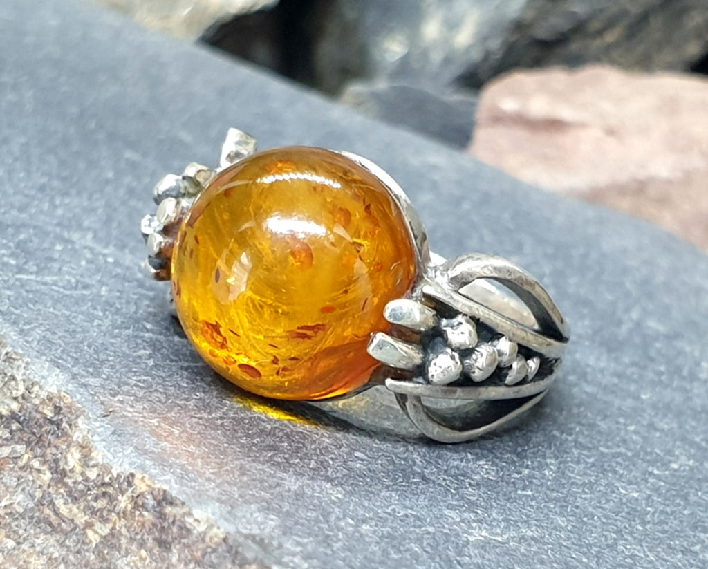 Vintage Baltic AMBER Sterling Silver Ring - uk size M (6) - 5.6g