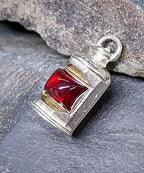 Vintage Silver LANTERN LAMP CHARM - with Red Glass for Bracelet - 3.8g