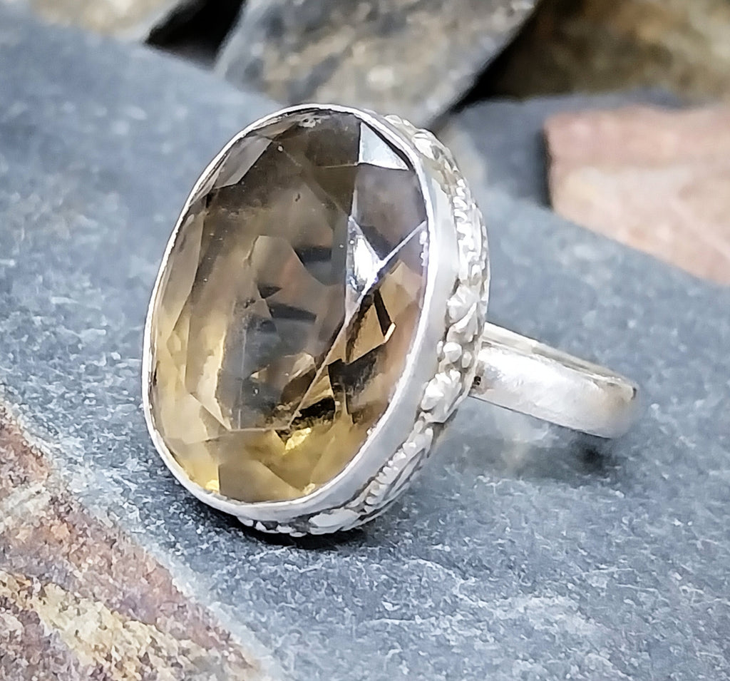 Large Vintage Smoky Quartz RING - Sterling Silver- uk size T (us 9.5) - 8.5g