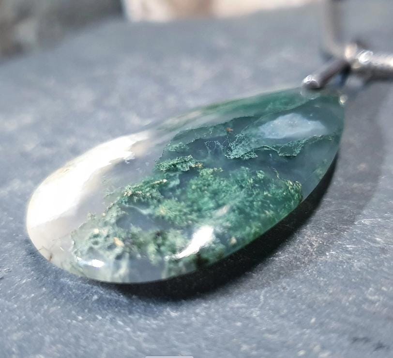 Large Moss Agate Teardrop Pendant Necklace on 20" Chain - 21.2g