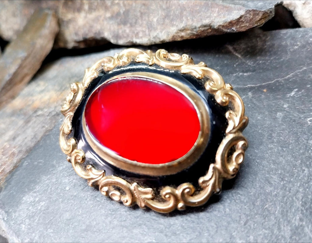 Antique Victorian Mourning Brooch 9ct Gold, Blood Red - 20.5g